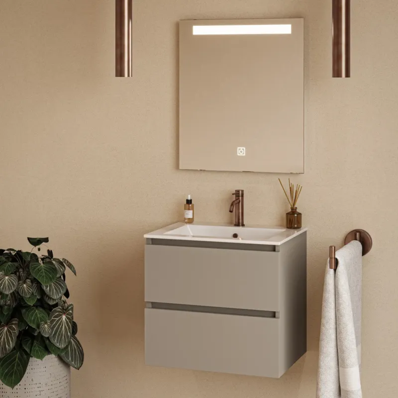 Veilige Betaling Fontana Rovigo badmeubel 60cm taupe met witte wastafel met kraangat en spiegel met verlichting