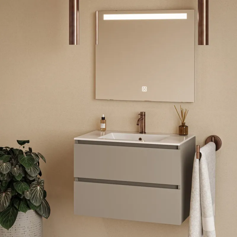 Fontana Rovigo badmeubel 80cm taupe met witte wastafel met kraangat en spiegel met verlichting Seizoensaanbieding