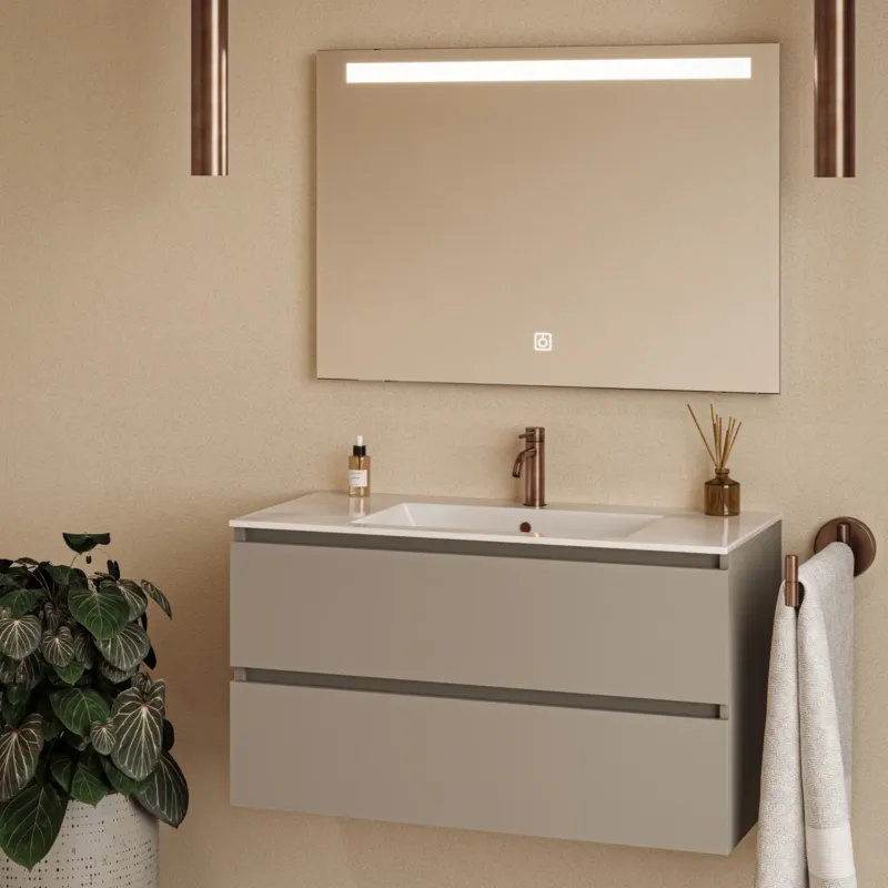 Fontana Rovigo badmeubel 100cm taupe met witte wastafel met kraangat en spiegel met verlichting Tijdelijk Beschikbaar
