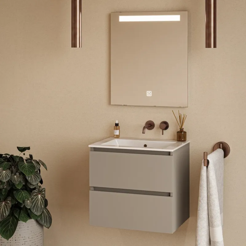 Fontana Rovigo badmeubel 60cm taupe met witte wastafel zonder kraangat en spiegel met verlichting Finale Uitverkoop