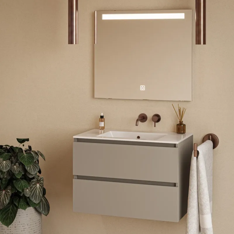 Fontana Rovigo badmeubel 80cm taupe met witte wastafel zonder kraangat en spiegel met verlichting Fabrieksprijs