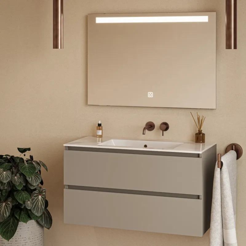 Superprijs Fontana Rovigo badmeubel 100cm taupe met witte wastafel zonder kraangat en spiegel met verlichting