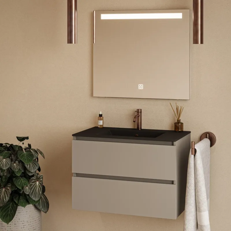 Meest Verkocht Fontana Rovigo badmeubel 80cm taupe met zwarte wastafel met kraangat en spiegel met verlichting