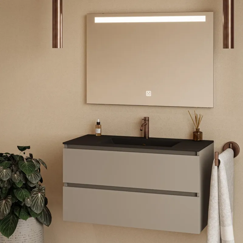 Shop Nu Fontana Rovigo badmeubel 100cm taupe met zwarte wastafel met kraangat en spiegel met verlichting