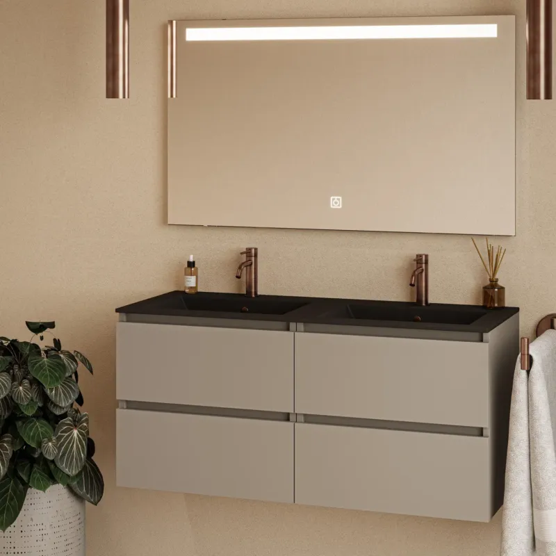 Beperkt Aanbod Fontana Rovigo badmeubel 120cm taupe met zwarte wastafel met kraangaten en spiegel met verlichting