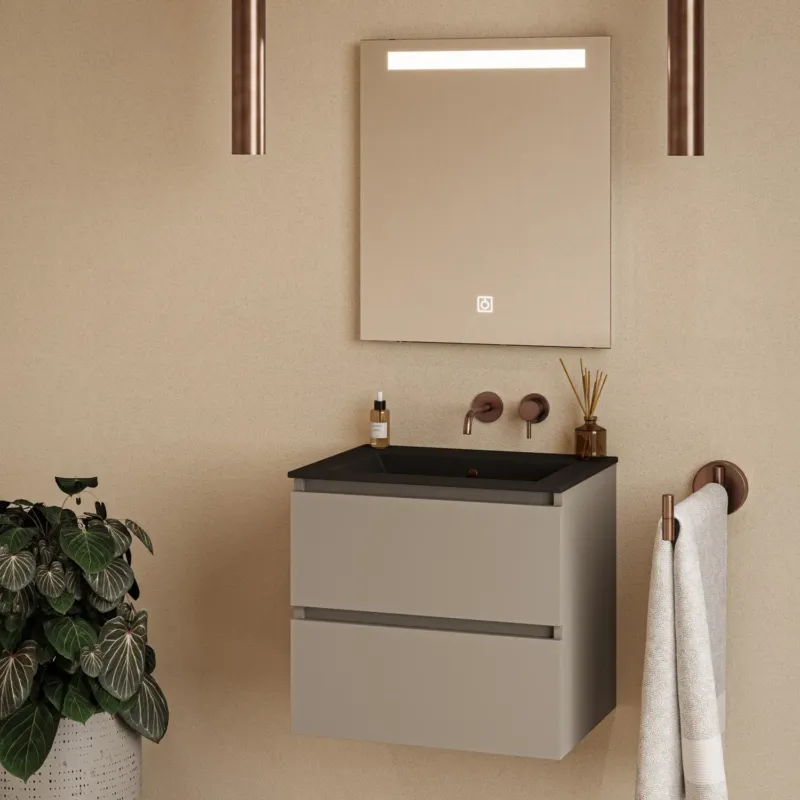 Fontana Rovigo badmeubel 60cm taupe met zwarte wastafel zonder kraangat en spiegel met verlichting Betrouwbaar