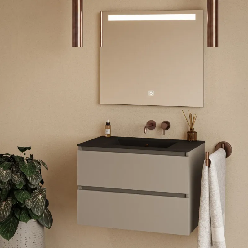 Bestel Nu Fontana Rovigo badmeubel 80cm taupe met zwarte wastafel zonder kraangat en spiegel met verlichting