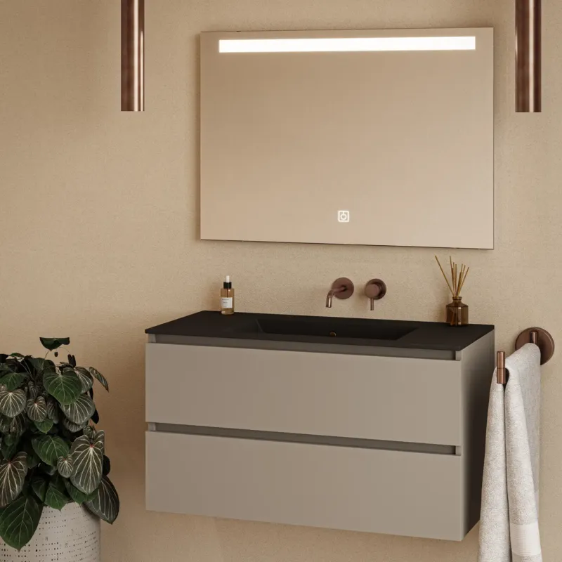 Actieprijs Fontana Rovigo badmeubel 100cm taupe met zwarte wastafel zonder kraangat en spiegel met verlichting