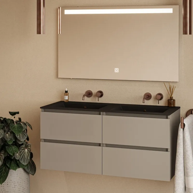 Fontana Rovigo badmeubel 120cm taupe met zwarte wastafel zonder kraangaten en spiegel met verlichting Lage Prijs