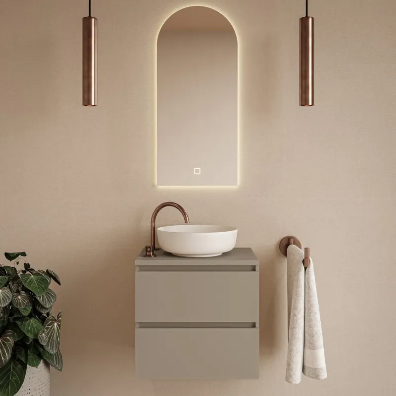 Fontana Proma badkamermeubel 60cm met witte waskom en LED spiegel taupe Op = Op