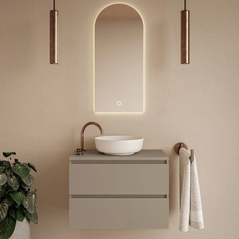 Fontana Proma badkamermeubel 80cm met witte waskom en LED spiegel taupe Uitverkoop