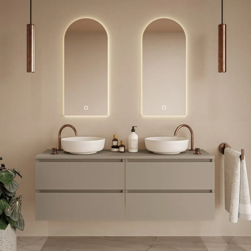 Gecertificeerd Fontana Proma badkamermeubel 160cm met witte waskommen en LED spiegels taupe
