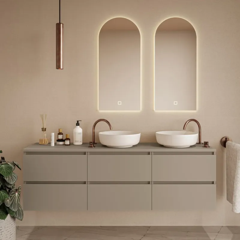 Laatste Kans Fontana Proma badkamermeubel 180cm met witte waskommen en LED spiegels taupe