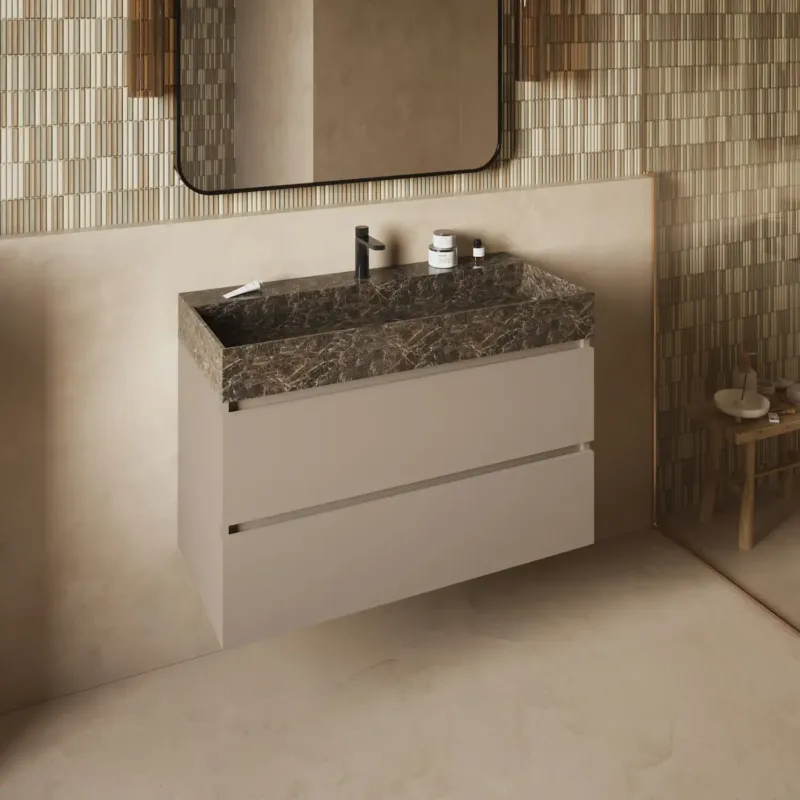 Gereduceerde Prijs Fontana Dark Emperador badkamermeubel taupe 100cm met kraangat