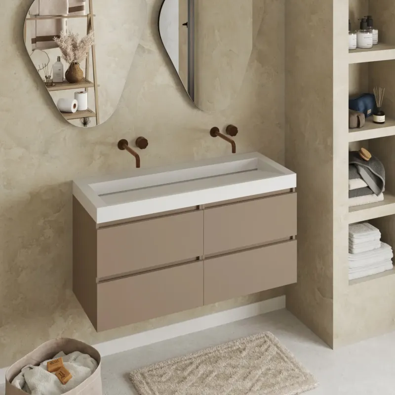 Premium Fontana Elena badkamermeubel 120cm taupe met solid surface wastafel zonder kraangaten