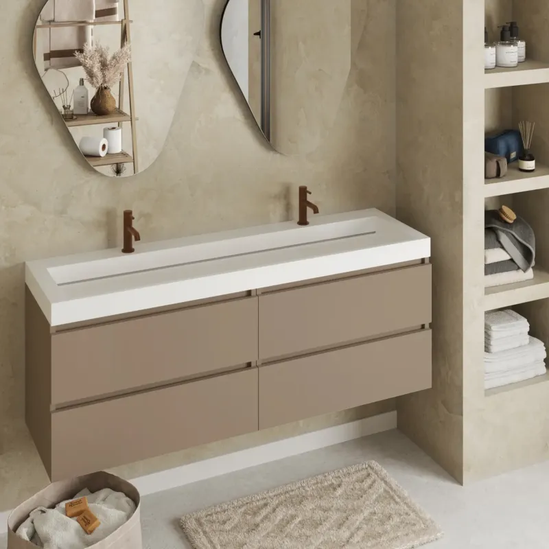 Fontana Elena badkamermeubel 160cm taupe met solid surface wastafel 2 kraangaten Lage Kosten