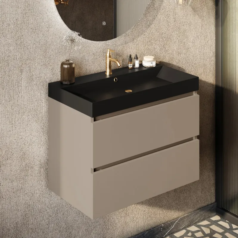 Bestel Nu Fontana Kolo wastafelmeubel taupe 80cm zwarte wastafel 1 kraangat