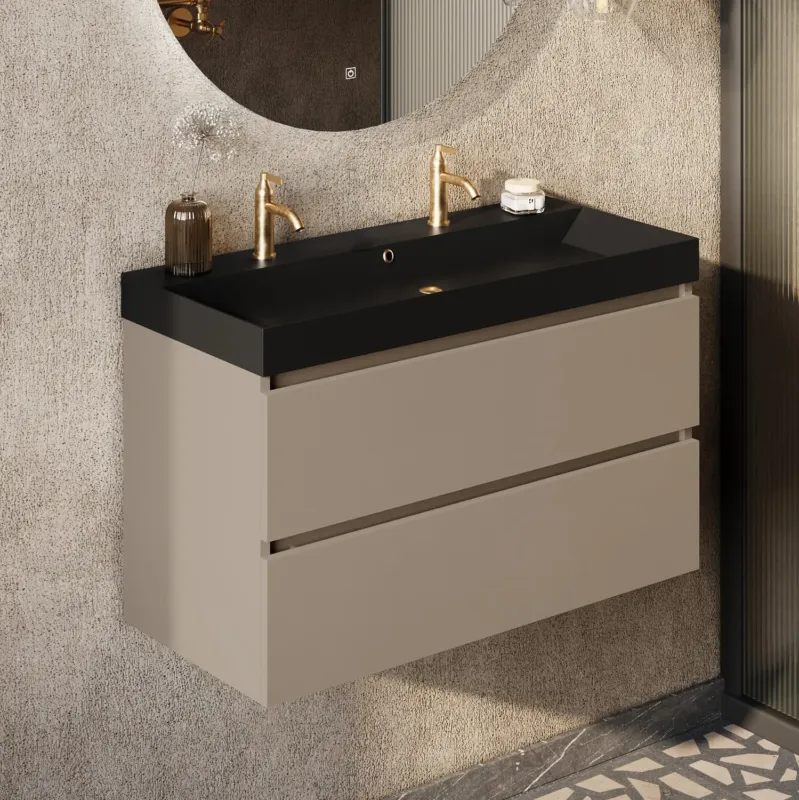 Fontana Kolo wastafelmeubel taupe 100cm zwarte wastafel 2 kraangaten Op = Op