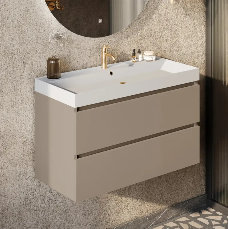 Koopje Fontana Kolo wastafelmeubel taupe 100cm glans witte wastafel 1 kraangat