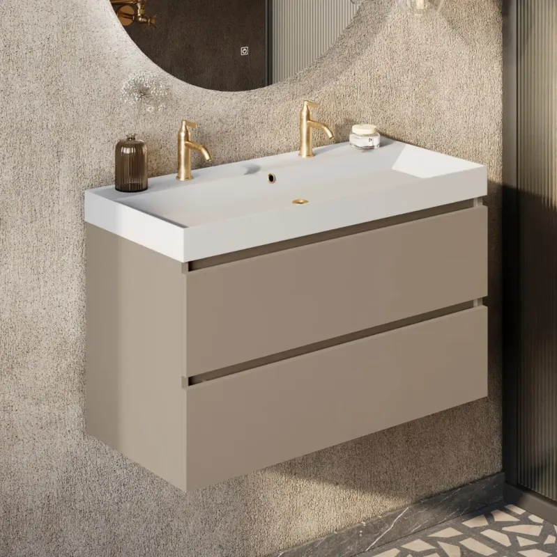 Uitverkoop Fontana Kolo wastafelmeubel taupe 100cm glans witte wastafel 2 kraangaten