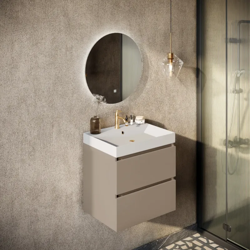 Fontana Kolo wastafelmeubel taupe 60cm glans witte wastafel 1 kraangat met ronde spiegel Veilige Betaling