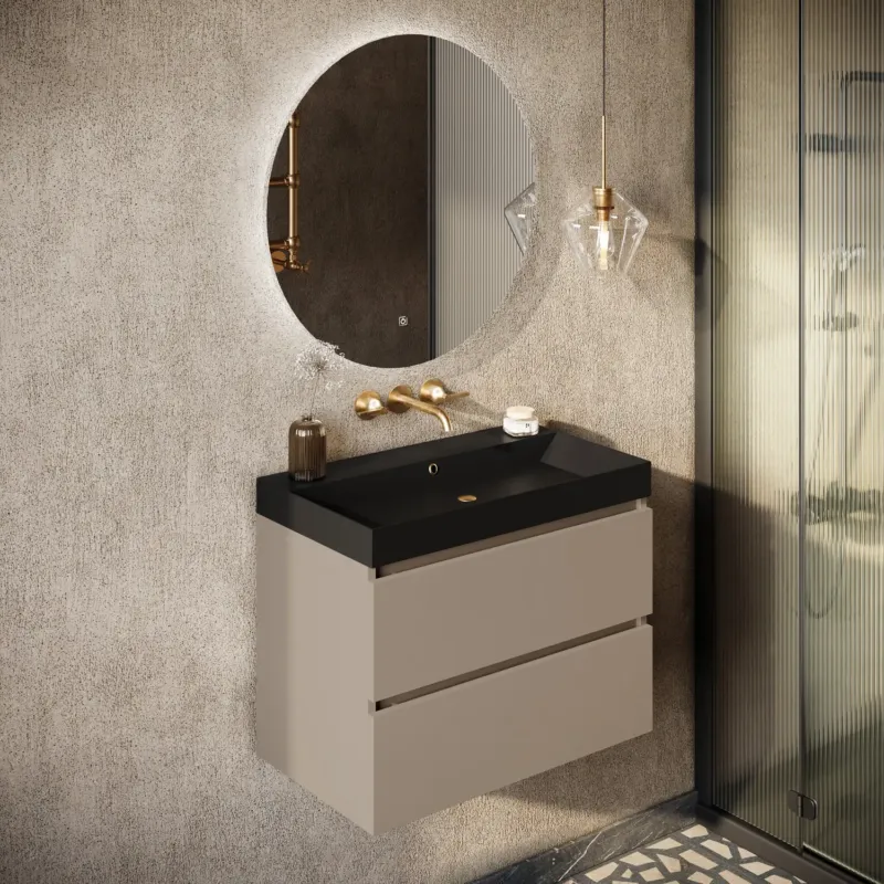 Fabrieksprijs Fontana Kolo wastafelmeubel taupe 80cm zwarte wastafel 0 kraangaten met ronde spiegel