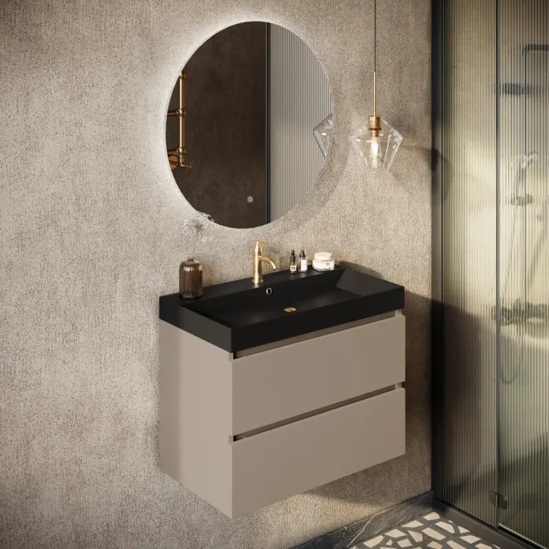 Direct Beschikbaar Fontana Kolo wastafelmeubel taupe 80cm zwarte wastafel 1 kraangat met ronde spiegel