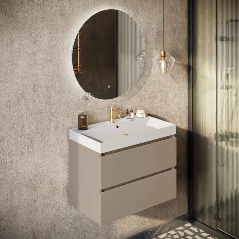 Betrouwbaar Fontana Kolo wastafelmeubel taupe 80cm mat witte wastafel 1 kraangat met ronde spiegel