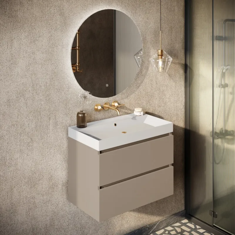 Hete Deal Fontana Kolo wastafelmeubel taupe 80cm glans witte wastafel 0 kraangaten met ronde spiegel