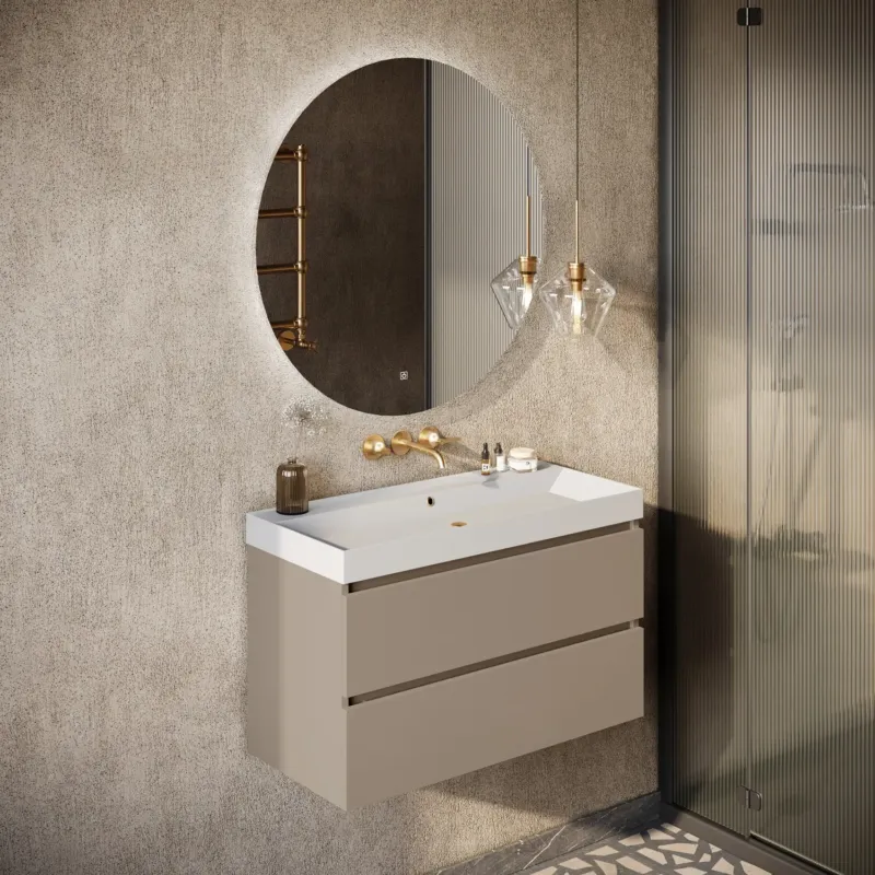 Rechtstreeks Van De Fabrikant Fontana Kolo wastafelmeubel taupe 100cm mat witte wastafel 0 kraangaten met ronde spiegel