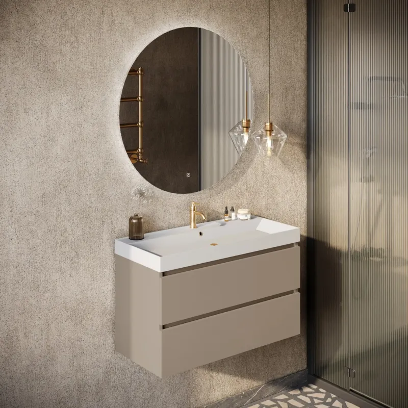 Actieprijs Fontana Kolo wastafelmeubel taupe 100cm mat witte wastafel 1 kraangat met ronde spiegel