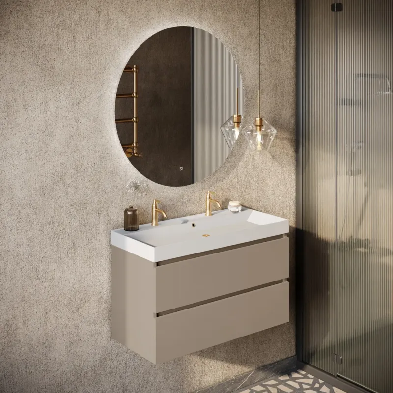 Merkproduct Fontana Kolo wastafelmeubel taupe 100cm glans witte wastafel 2 kraangaten met ronde spiegel