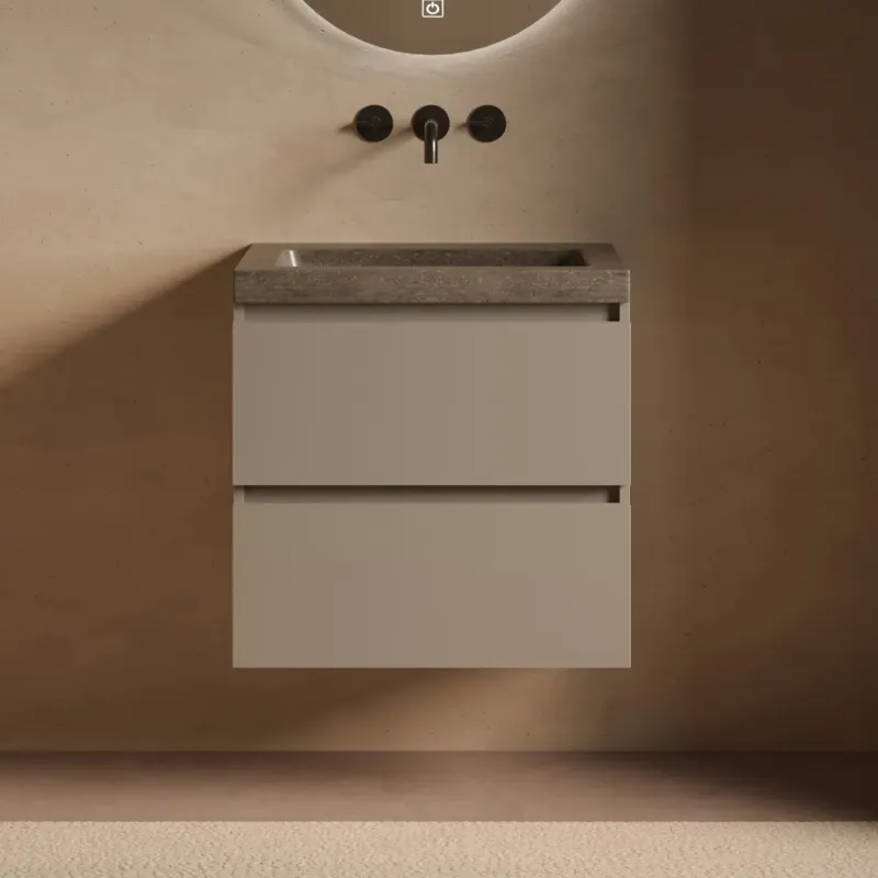 Fontana Freestone badkamermeubel taupe 60cm met natuurstenen wastafel zonder kraangat Rechtstreeks Van De Fabrikant