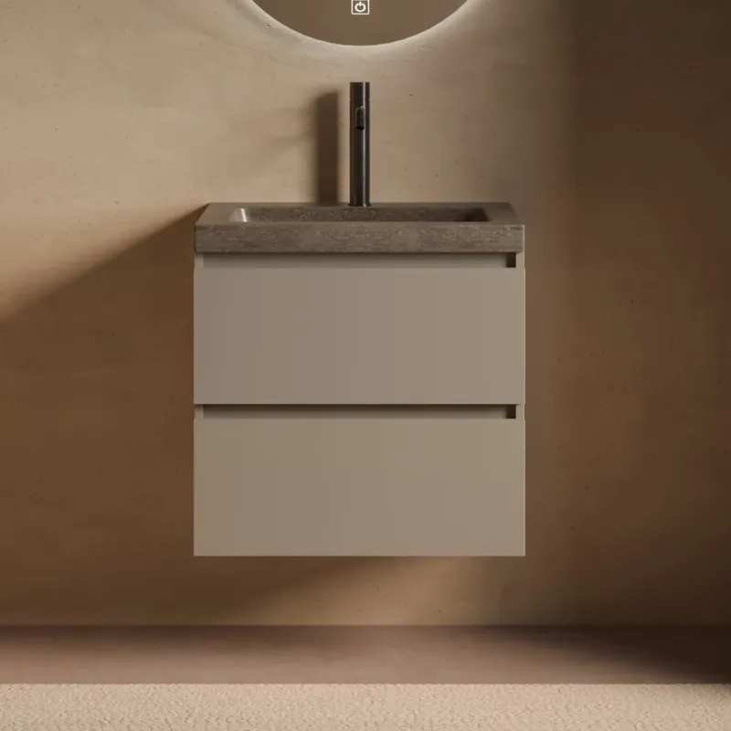 Hoge Kwaliteit Fontana Freestone badkamermeubel taupe 60cm met natuurstenen wastafel 1 kraangat
