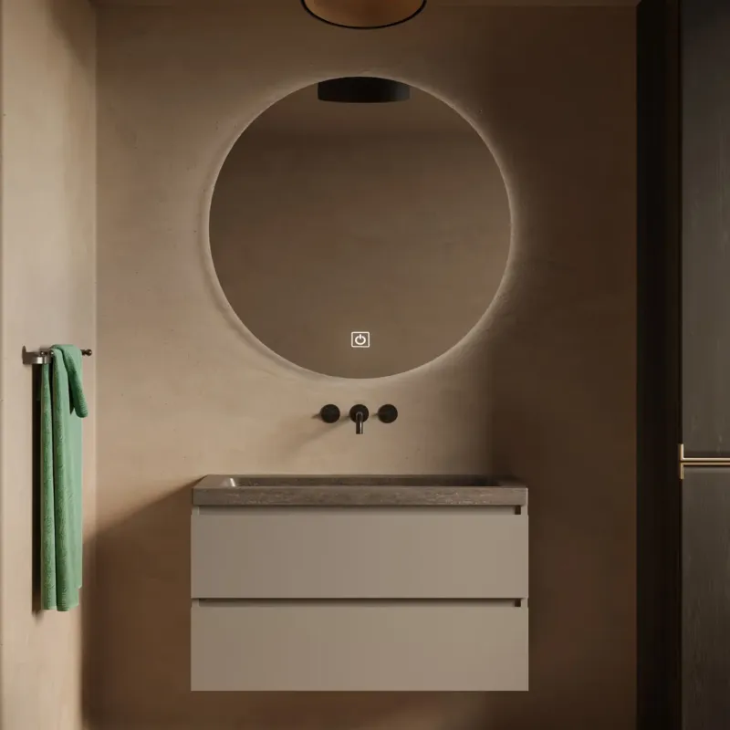 Alleen Vandaag Fontana Freestone badkamermeubel taupe 100cm met natuurstenen wastafel zonder kraangat en ronde spiegel
