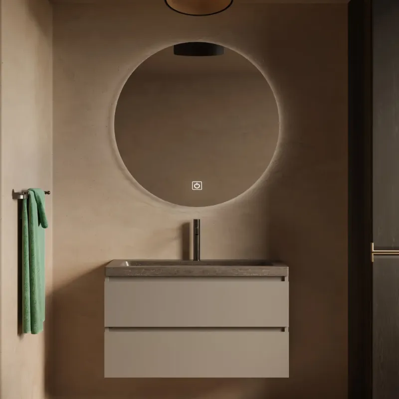Koopje Fontana Freestone badkamermeubel taupe 100cm met natuurstenen wastafel 1 kraangat en ronde spiegel