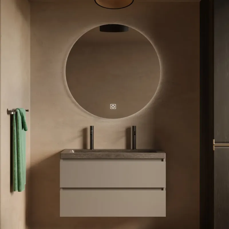 Goedkoop Fontana Freestone badkamermeubel taupe 100cm met natuurstenen wastafel 2 kraangaten en ronde spiegel