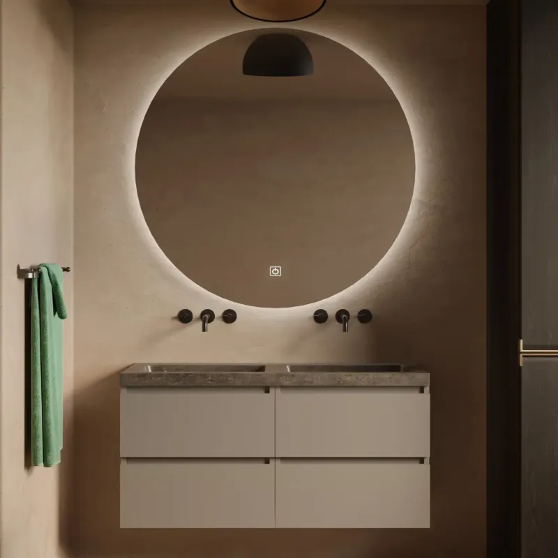 Exclusieve Aanbieding Fontana Freestone badkamermeubel taupe 120cm met natuurstenen wastafel zonder kraangat en ronde spiegel