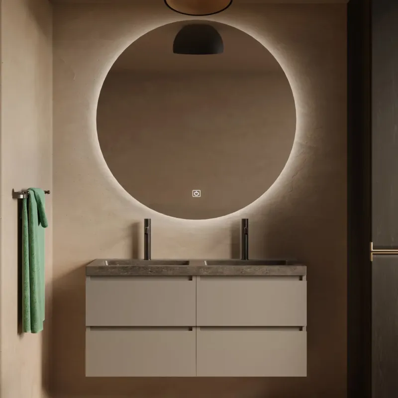 Fontana Freestone badkamermeubel taupe 120cm met natuurstenen wastafel 2 kraangaten en ronde spiegel Bestseller