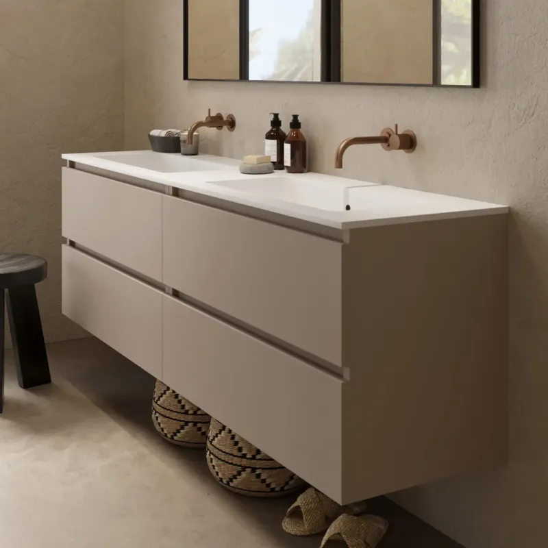 Express Levering Fontana Cosmos badmeubel 160cm met dubbele wastafel zonder kraangaten taupe