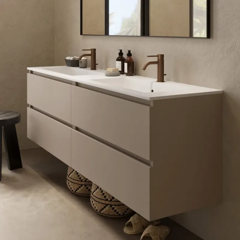 Weekendaanbieding Fontana Cosmos badmeubel 160cm met dubbele wastafel en kraangaten taupe