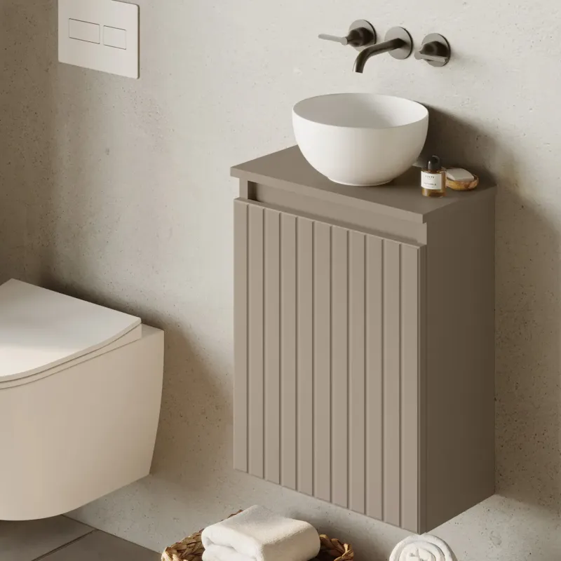 Fontana Bano toiletmeubel ribbelfront taupe 40x22cm met glans witte waskom Weekendaanbieding