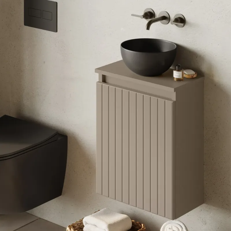 Fontana Bano toiletmeubel ribbelfront taupe 40x22cm met mat zwarte waskom Populair