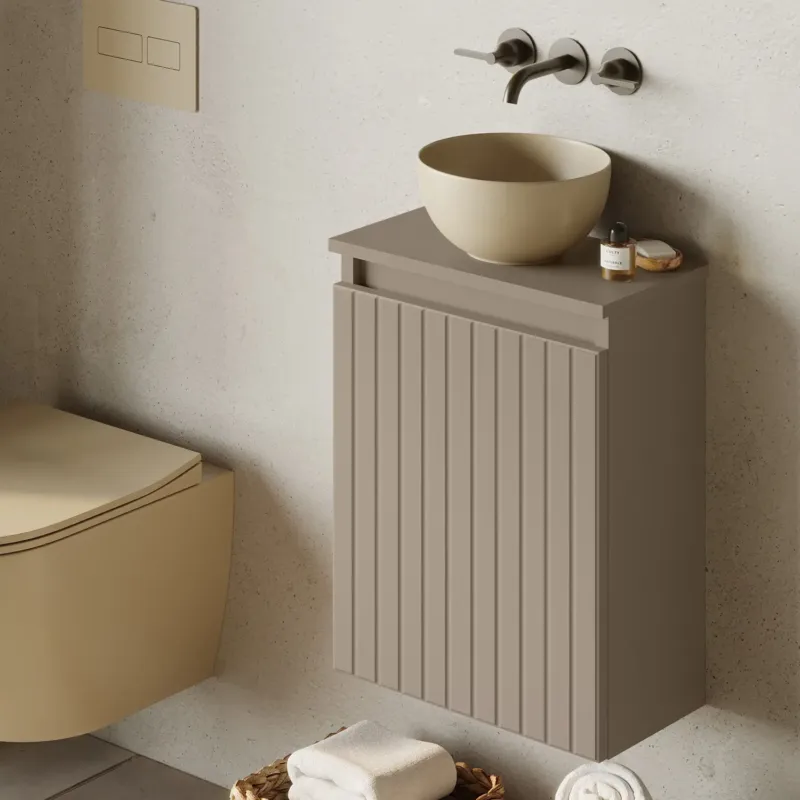 Exclusieve Aanbieding Fontana Bano toiletmeubel ribbelfront taupe 40x22cm met waskom in licht ivoor
