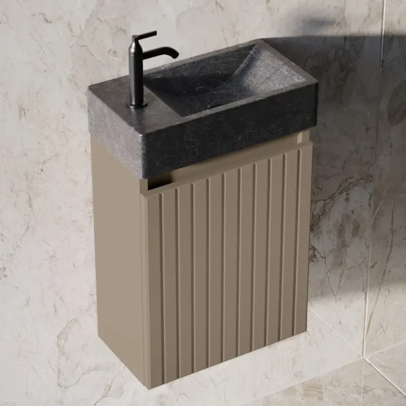 Fontana Recto toiletmeubel ribbelfront taupe 40x22cm met natuurstenen fontein links Premium