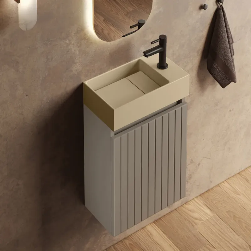 Aanbieding Fontana Itsie toiletmeubel taupe ribbelfront 40cm met fontein in mat licht ivoor