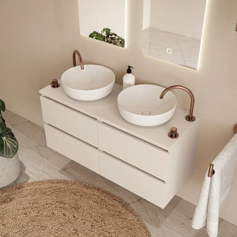 Tijdelijk Beschikbaar Fontana Proma badmeubel 120cm met mat witte waskommen warm linnen