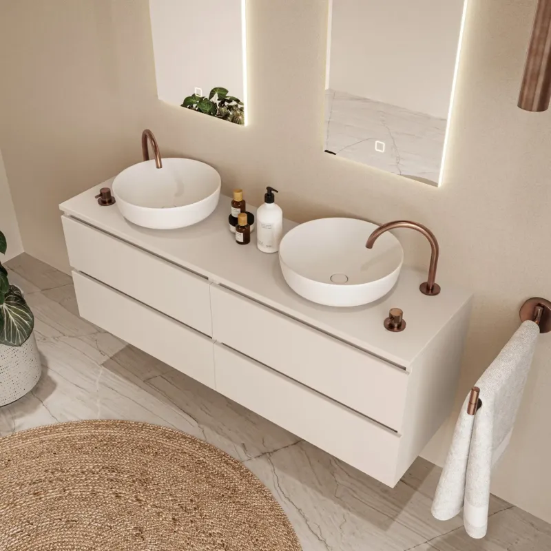 Exclusieve Aanbieding Fontana Proma badmeubel 160cm met mat witte waskommen warm linnen