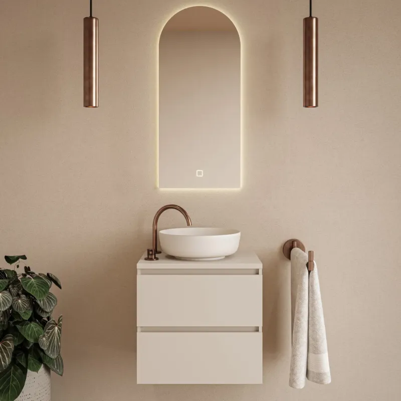Fontana Proma badkamermeubel 60cm met mat witte waskom en LED spiegel warm linnen Finale Uitverkoop