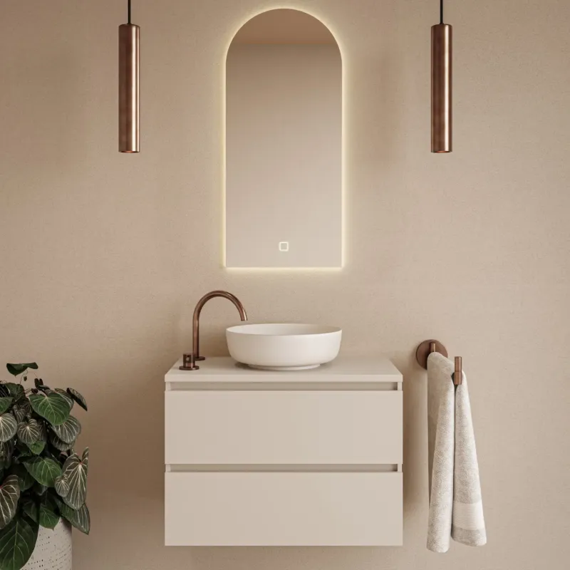 Fontana Proma badkamermeubel 80cm met mat witte waskom en LED spiegel warm linnen Bestel Nu